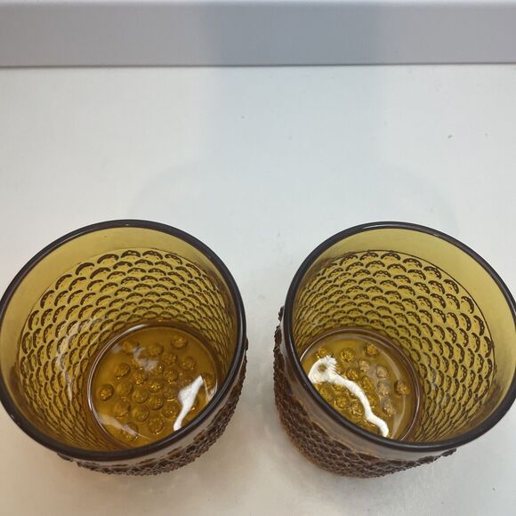 A Pair Hobbs Brockunier? Dew Drop Tumblers France Glass Hobnail 3.25”H Amber - Picture 10 of 12